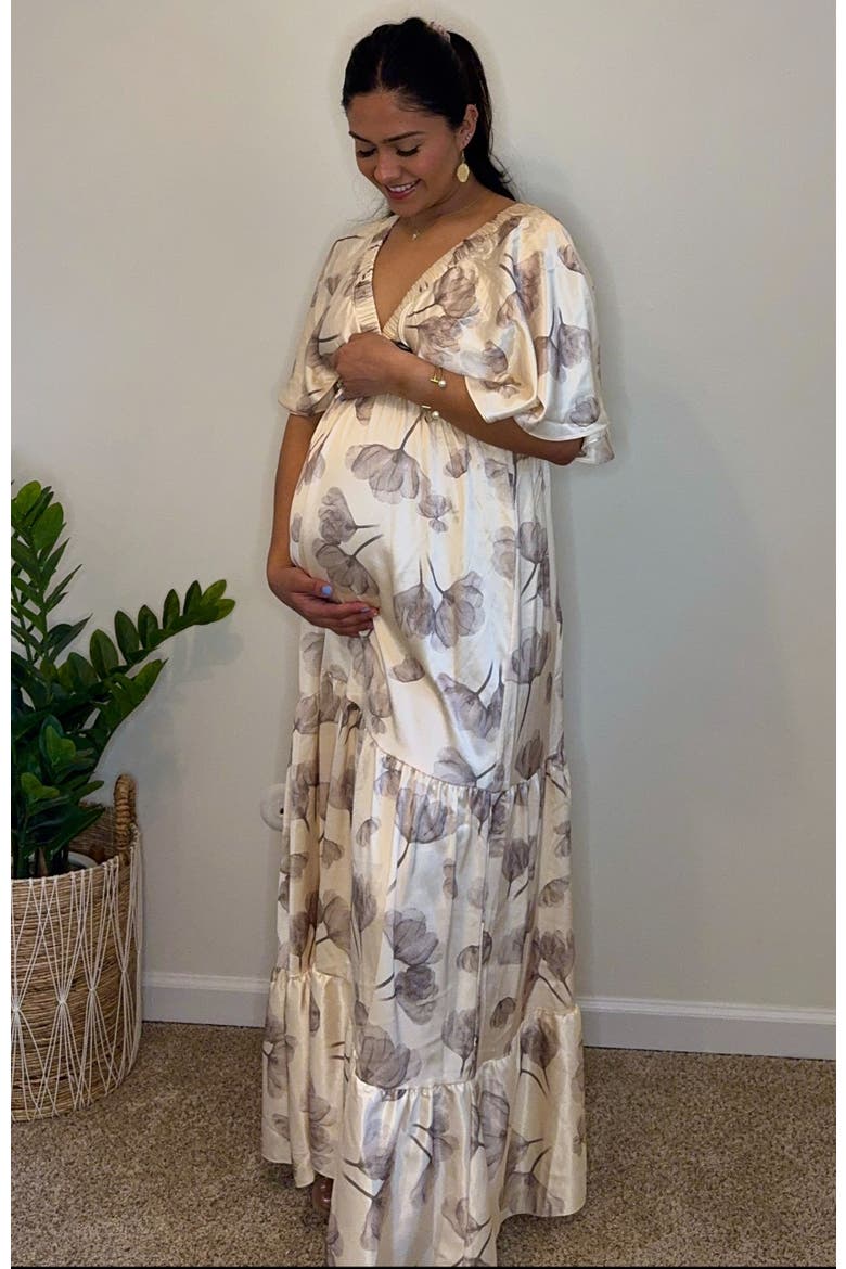 Floral Deep V-Neck Maxi Dress, Alternate, color, Cream