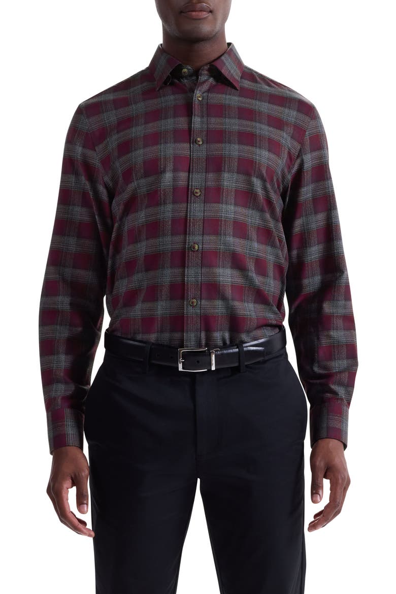 Karl Shaped Fit Plaid Cotton & Cashmere Button-Up Shirt, Main, color, BURGUNDY
