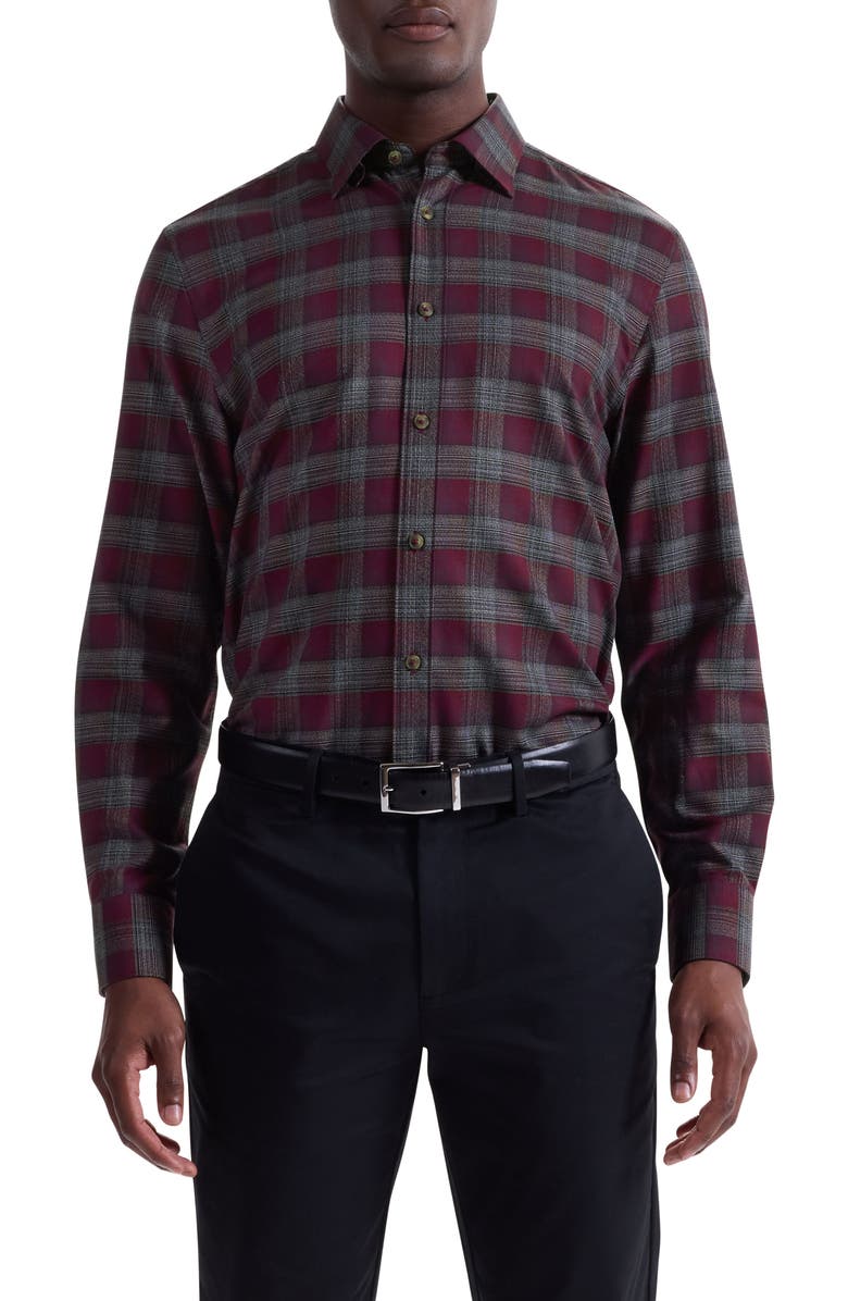 Bugatchi Karl Shaped Fit Plaid Cotton & Cashmere Button-Up Shirt, Main, color, Burgundy