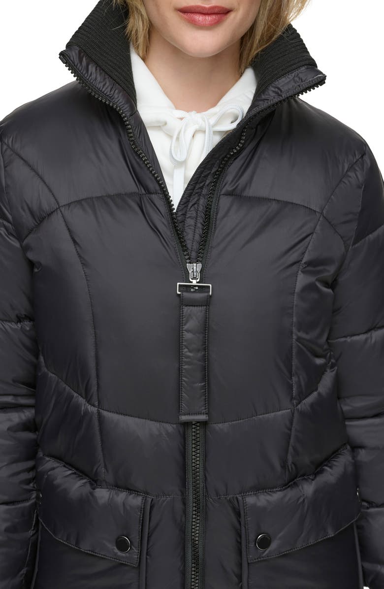 Andrew Marc Ribbed Collar Long Puffer Jacket, Alternate, color, Black