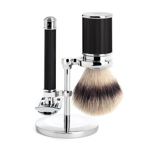 Black/Chrome Silvertip Fibre / Safety Razor (Closed Comb) Shaving Set