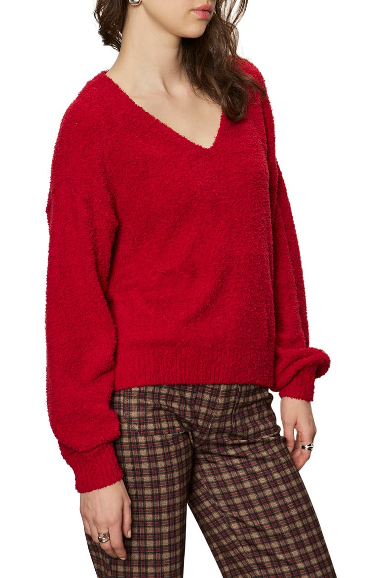 Teddy Fleece V-Neck Sweater, Alternate, color, CHERRY RED