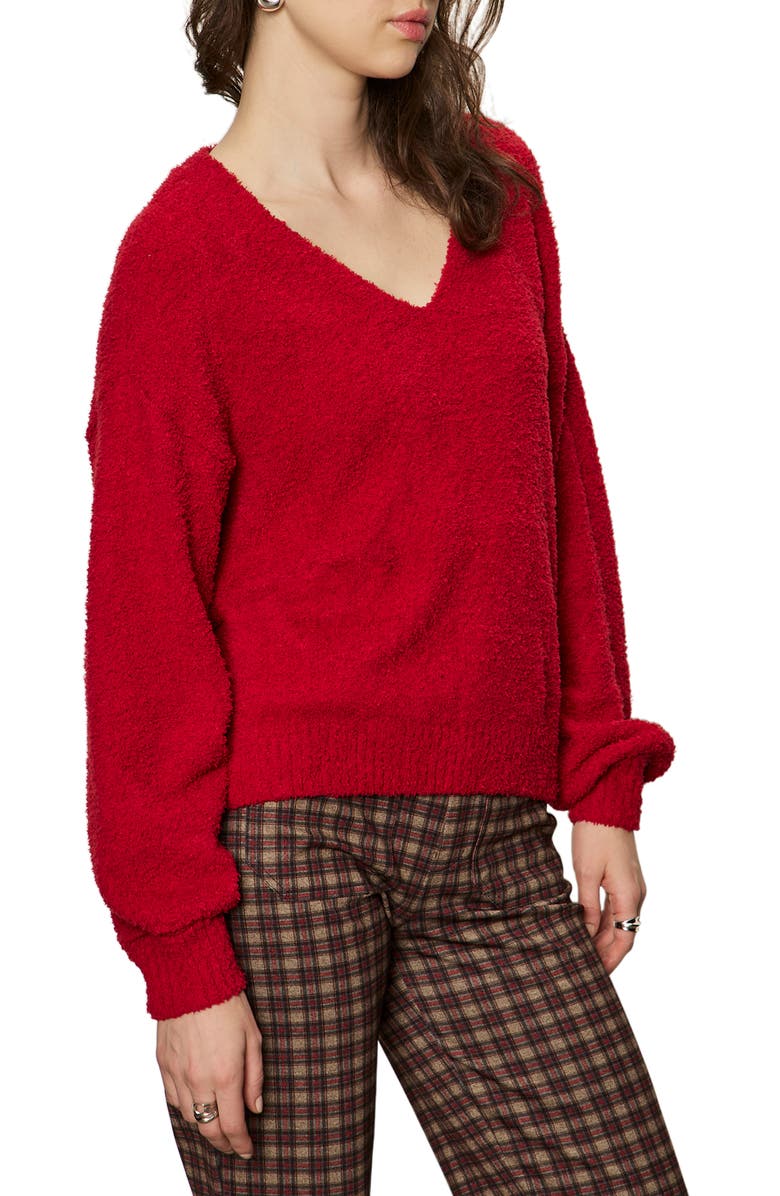 Sanctuary Teddy Fleece V-Neck Sweater, Alternate, color, Cherry Red