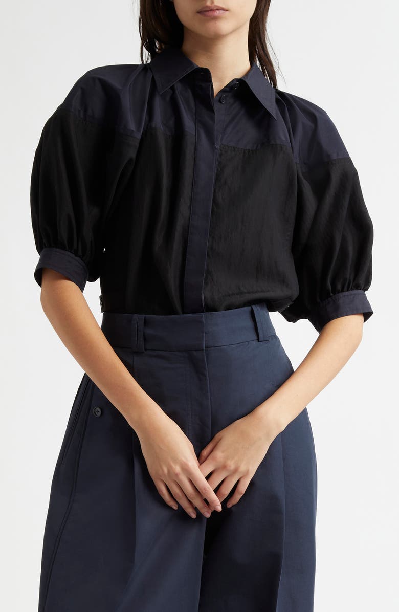 3.1 Phillip Lim Lantern Sleeve Colorblock Button-Up Shirt, Main, color, Black Midnight