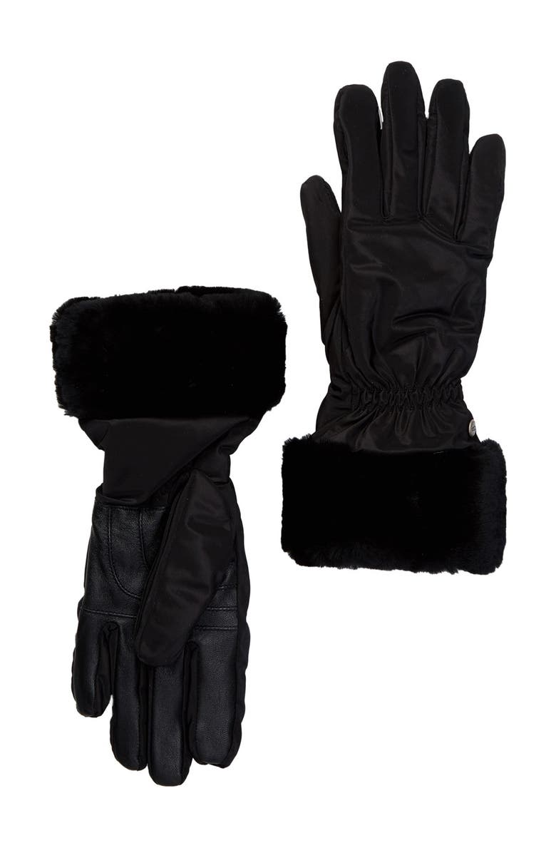 UGG<sup>®</sup> UGG Genuine Dyed Shearling Trim Tech Gloves, Main, color, Black
