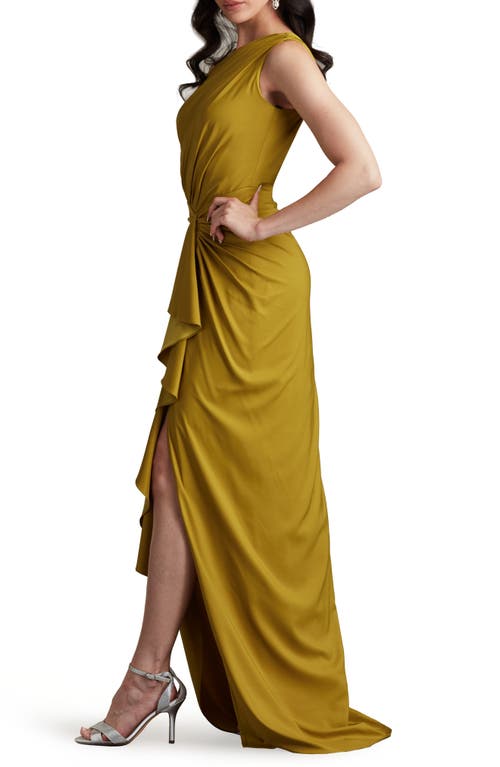 Tadashi Shoji One-shoulder Side Ruffle Gown In Gold