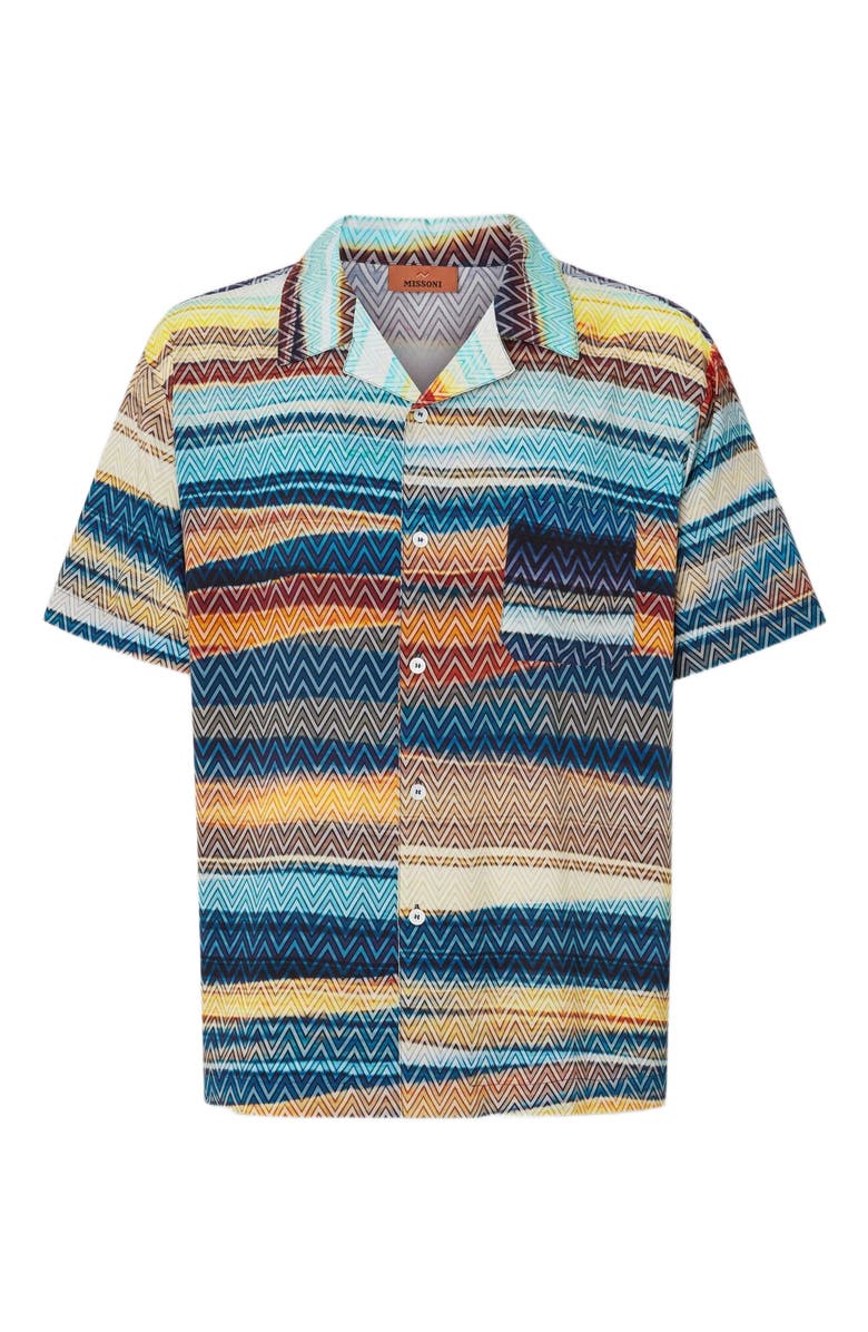 Missoni Bowling Shirt With Gradient Zig Zag Print And Breast Pocket, Alternate, color, Blue