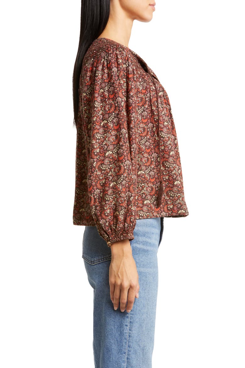 Print Smocked Peasant Blouse, Alternate, color, BROWN MULTI
