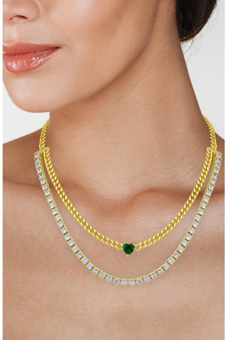 Cubic Zirconia Tennis & Curb Chain Layered Necklace, Alternate, color, GREEN/ CLEAR GOLD