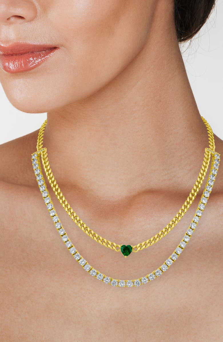 CZ by Kenneth Jay Lane Cubic Zirconia Tennis & Curb Chain Layered Necklace, Alternate, color, Green/ Clear Gold