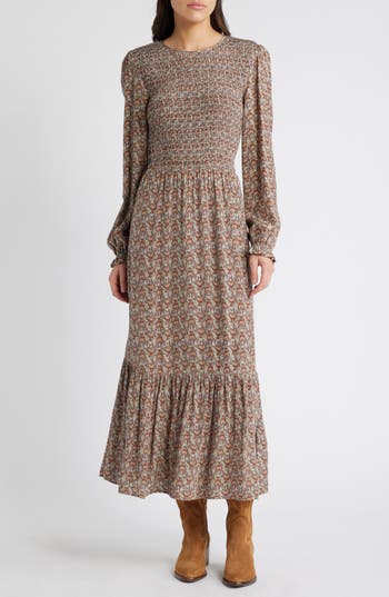 Treasure & Bond Floral Print Smocked Bodice Long Sleeve Dress