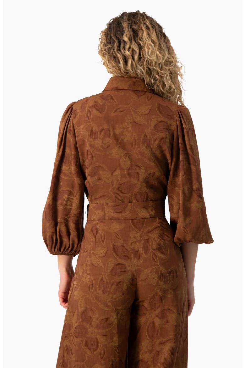 Floral Jacquard 3/4 Puff-Sleeve Button-Down Collared Shirt, Alternate, color, Chocolate