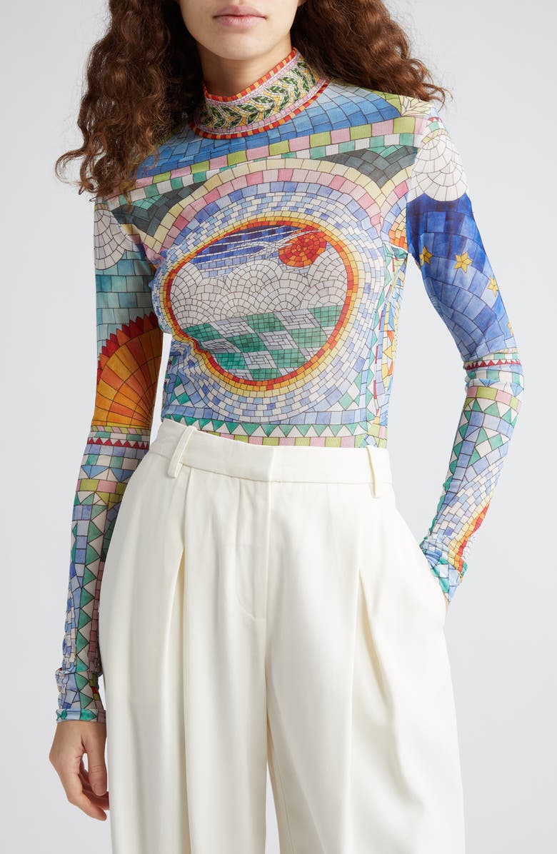 Casablanca Mosaic de Damas Print Mesh Turtleneck Top, Main, color, 