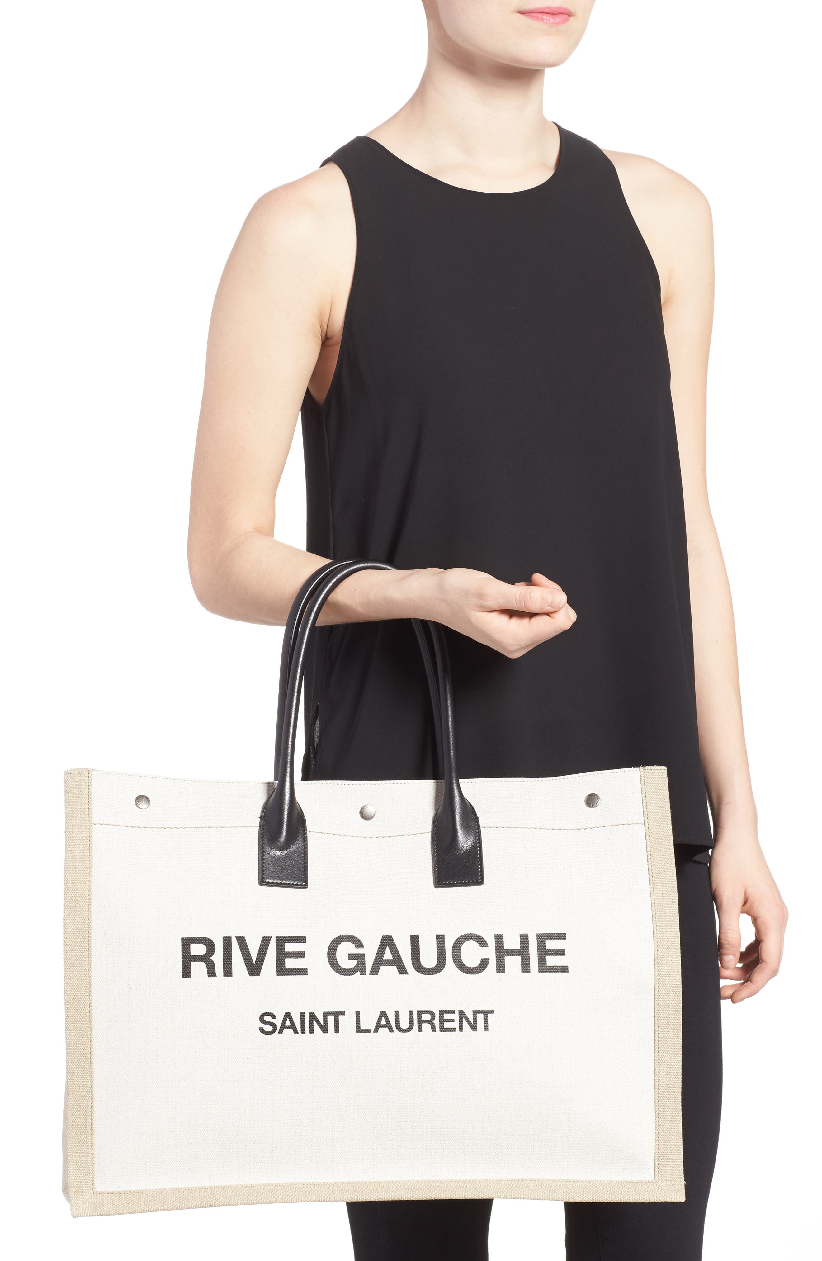 Saint Laurent Noe Rive Gauche Logo Linen Tote, Alternate, color, 