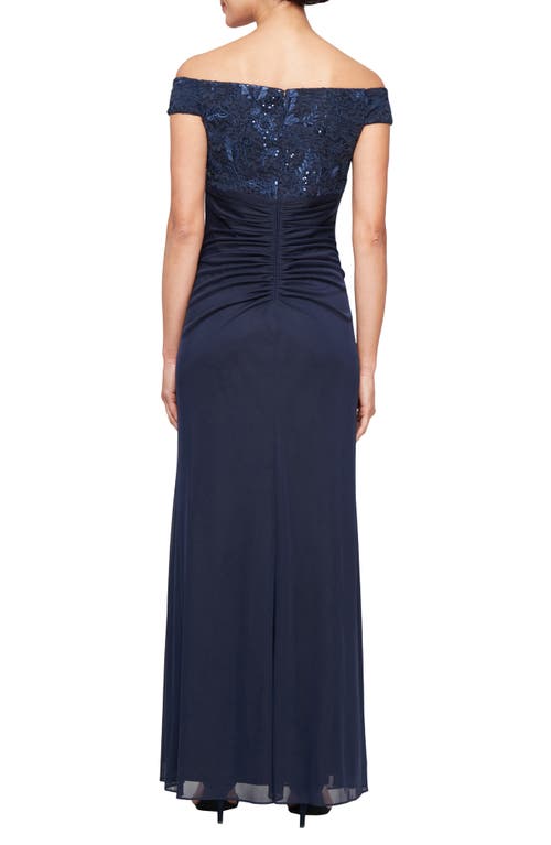 Alex Evenings Sequin Embroidered Lace Gown In Navy