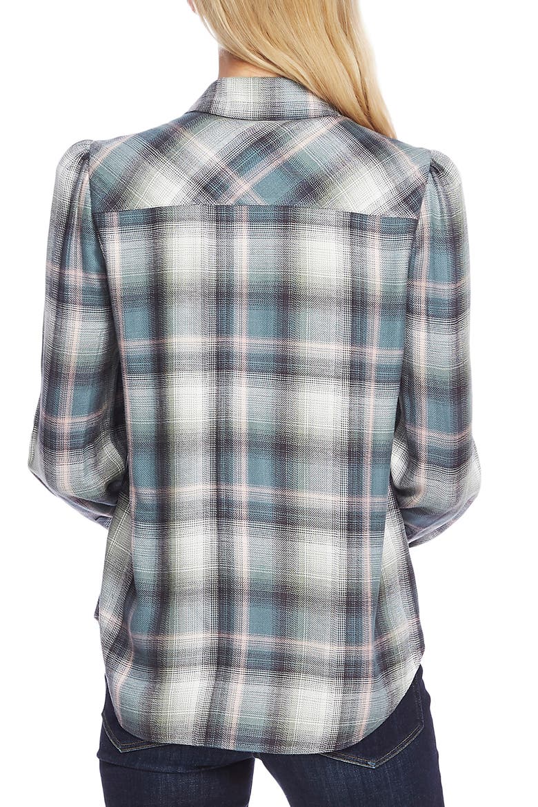 Puff Shoulder Check Plaid Shirt, Alternate, color, DK WILLOW