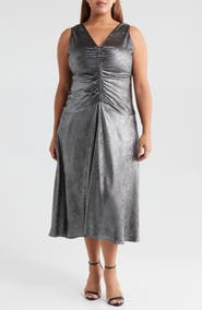MELLODAY Ruched Metallic Sleeveless Maxi Dress