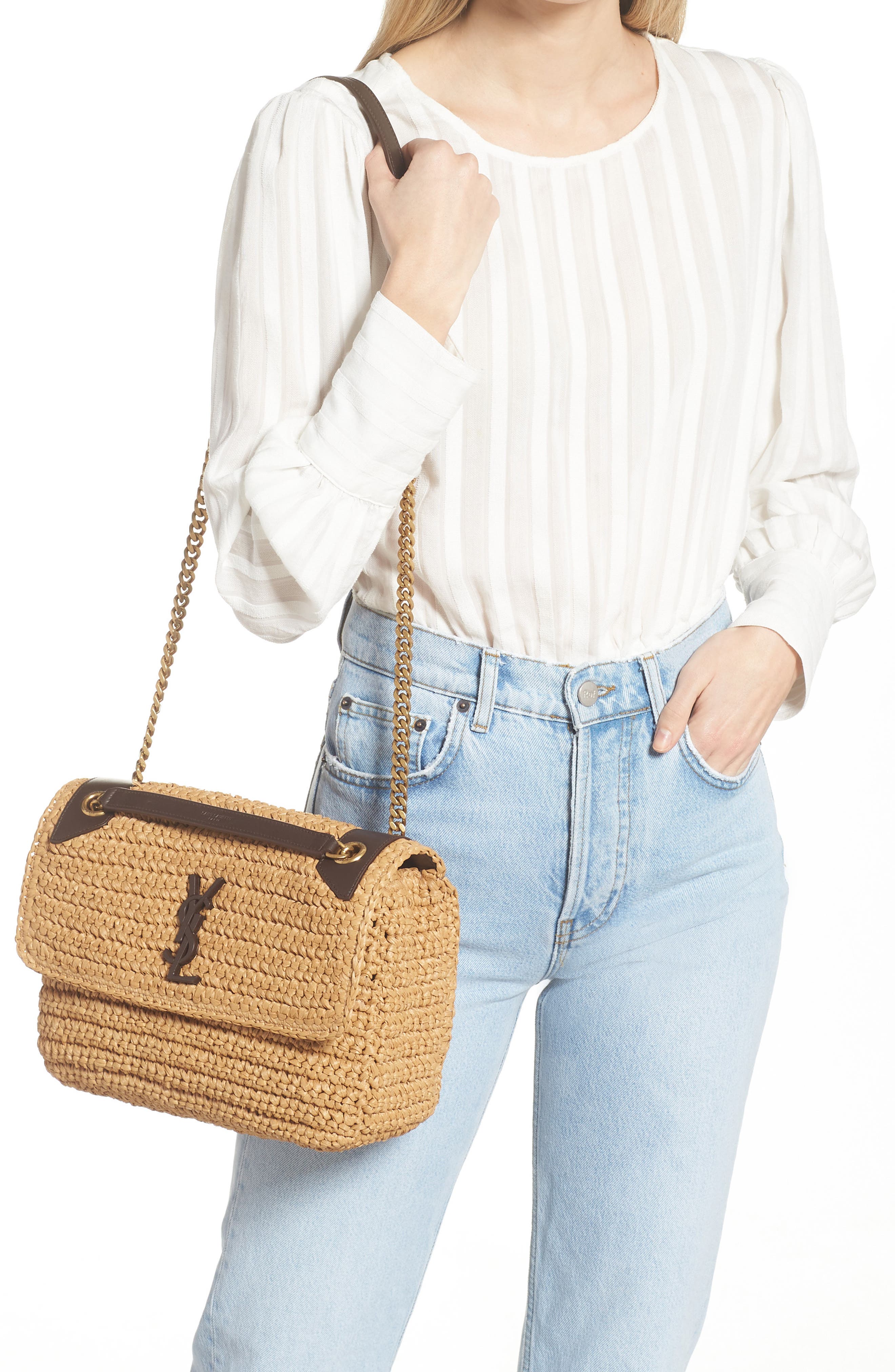 Medium Niki Raffia Shoulder Bag, Alternate, color, 7069 NATURALE / NEW NUT