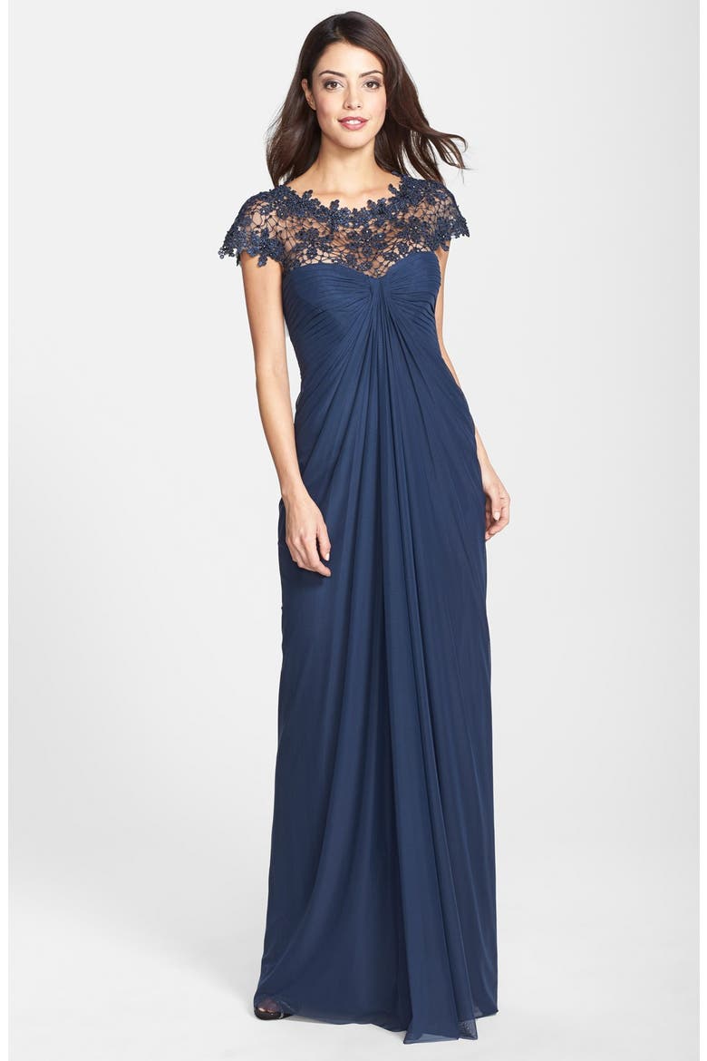 Beaded Lace Yoke Gathered Mesh Gown, Main, color, NAVY