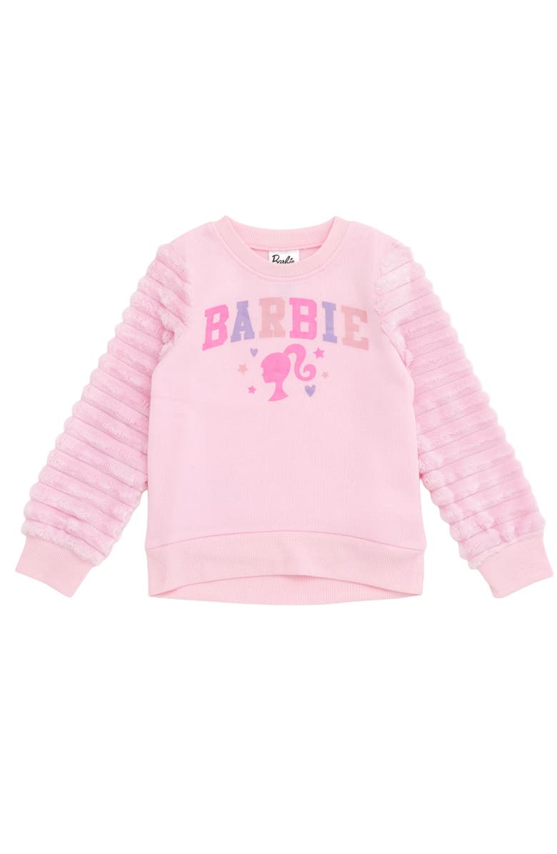 Barbie Faux Fur Pullover Sweatshirt, Main, color, Pastel Pink