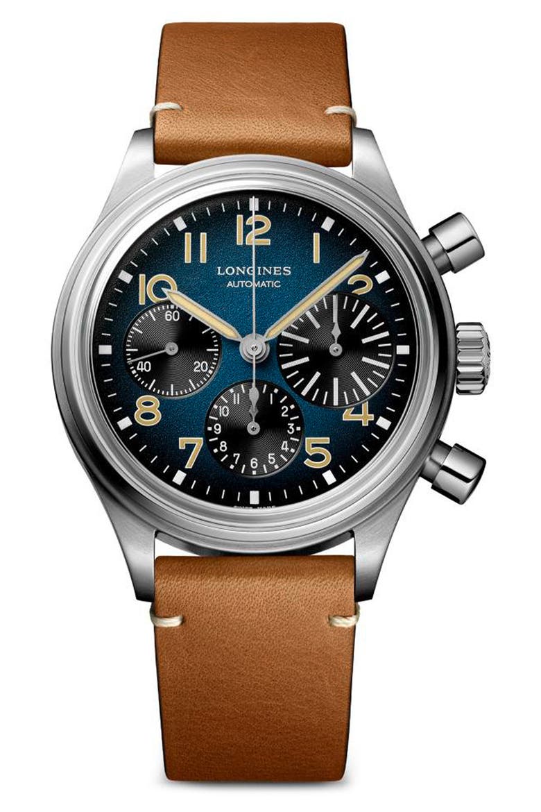 Aviation BigEye Automatic Chronograph Leather Strap Watch, 41mm, Main, color, PETROLEUM