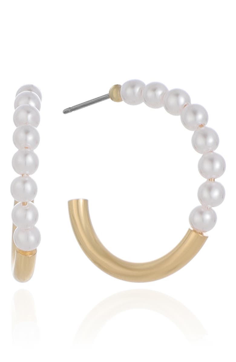 Ettika Faux Pearl Hoop Earrings, Alternate, color, Gold