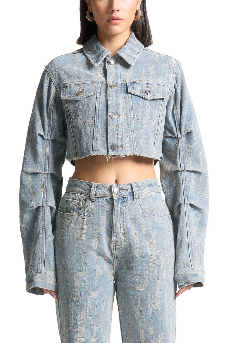 Alice Cropped Distressed Denim Jacket, Alternate, color, Mid Blue