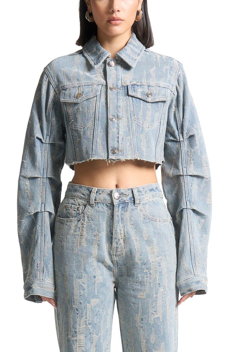 Manière De Voir Alice Cropped Distressed Denim Jacket, Alternate, color, Mid Blue