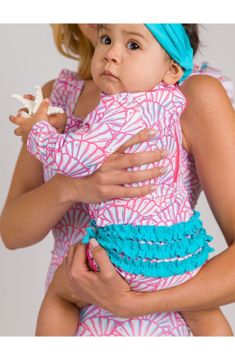 RuffleButts Baby Girls Mermaid Long Sleeve UPF50+ One Piece Rash Guard, Alternate, color, Pink Magical Mermaids