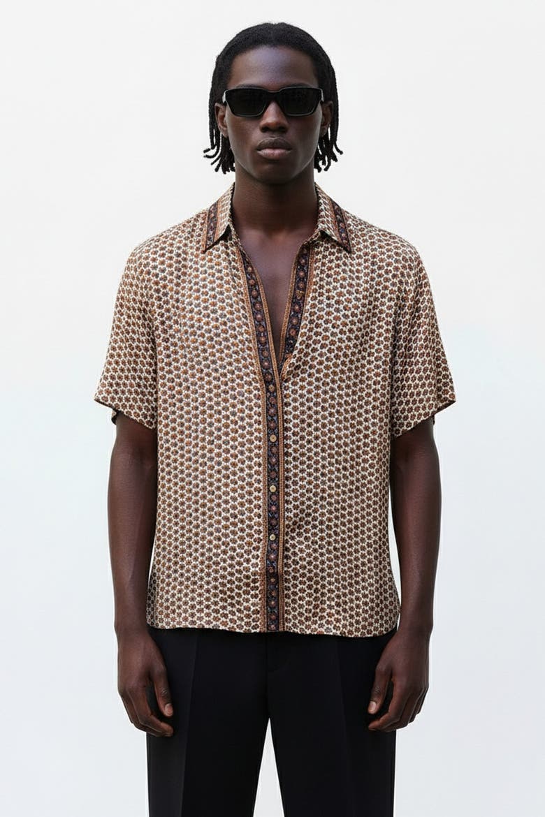 Embossed Botanical Short Sleeve Crepe Shirt, Main, color, Copper
