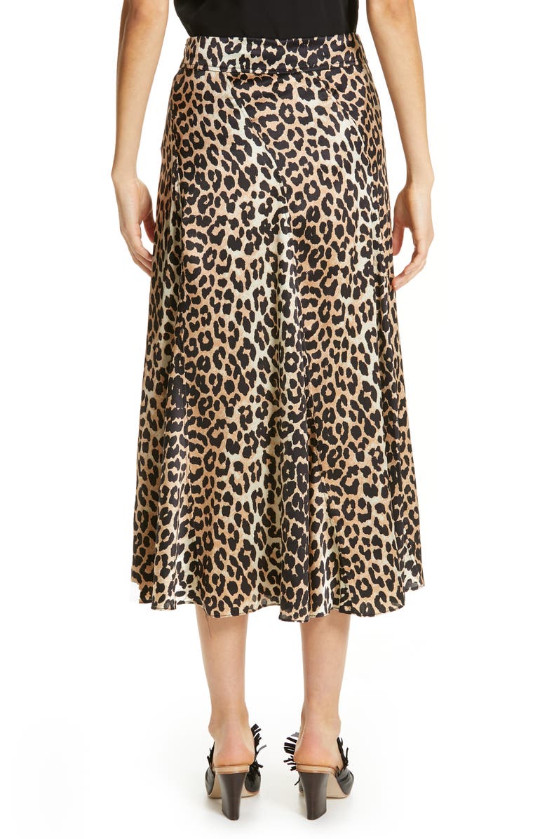 Ganni Leopard Print Stretch Silk Satin Midi Skirt, Alternate, color,