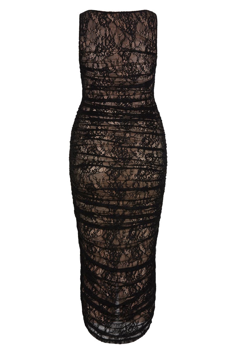 Ruched Lace Sheath Dress, Alternate, color, BLACK
