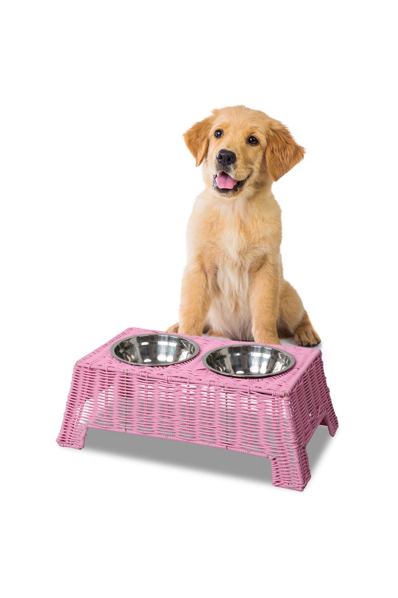 Serenity 6.9" Small/Medium Elevated Wicker Pet Feeder with 18oz (2.2 Cups) 2-Stainless Steel Bowls, Main, color, Pink
