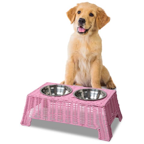 Serenity 6.9" Small/Medium Elevated Wicker Pet Feeder with 18oz (2.2 Cups) 2-Stainless Steel Bowls