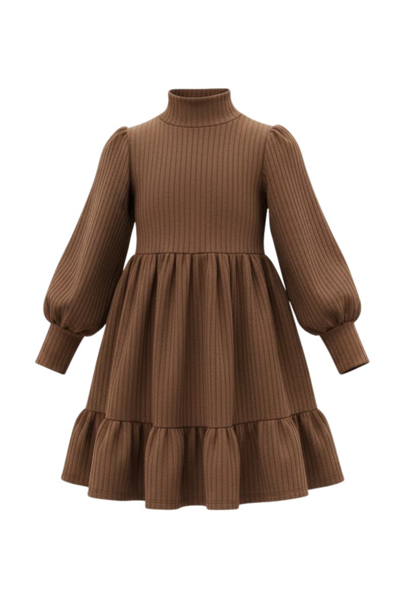 Ribbed Long Sleeve Ruffle Dress, Main, color, Brown