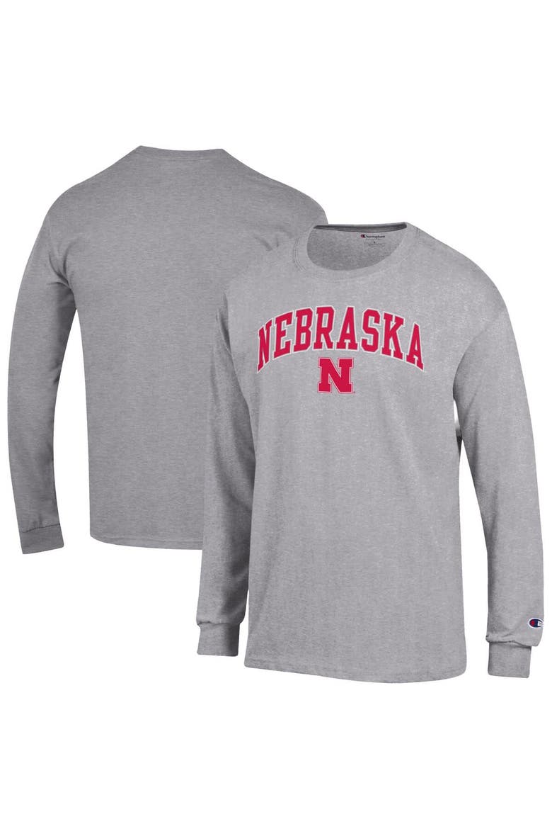 Men's Champion  Heather Gray Nebraska Huskers Arch Over Logo Long Sleeve T-Shirt, Alternate, color, Heather Gray