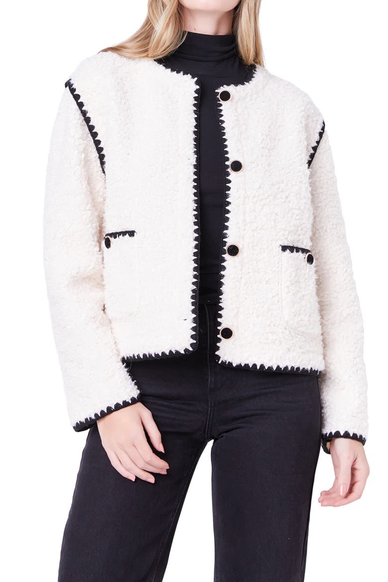 Premium Contrast Trim Faux Shearling Jacket, Alternate, color, IVORY/ BLACK
