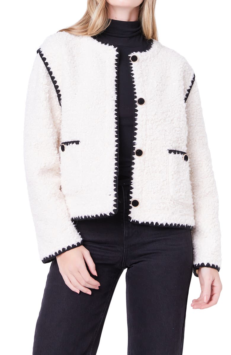 English Factory Premium Contrast Trim Faux Shearling Jacket, Alternate, color, Ivory/ Black