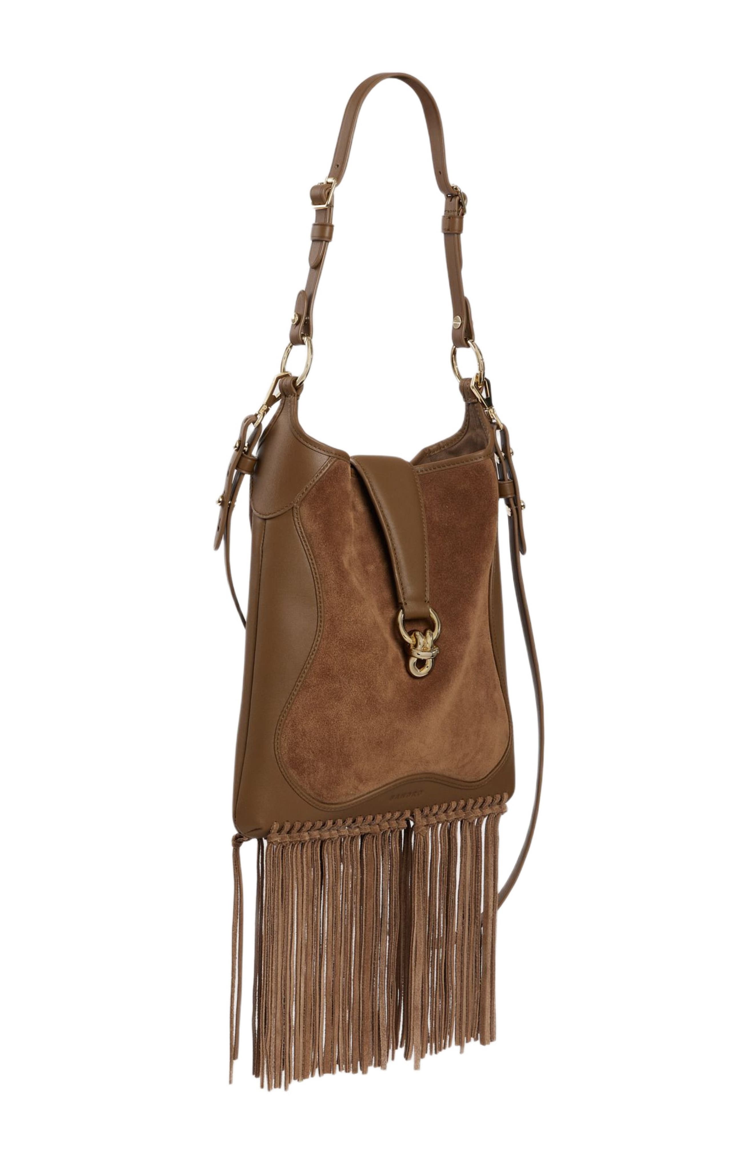SANDRO Leather and suede fringe bag, Alternate, color, Camel