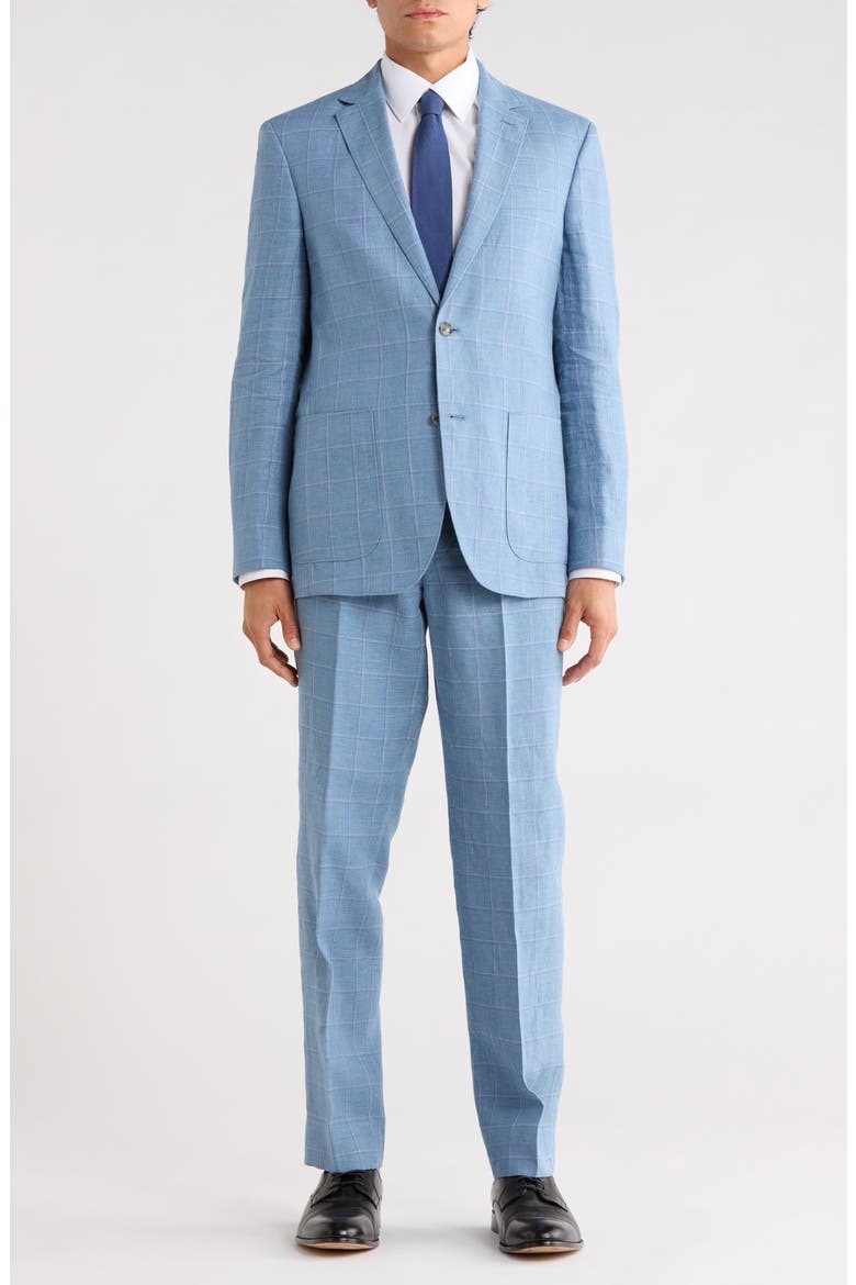 Trim Fit Plaid Linen Suit, Main, color, HACKETT BLUE PLAID