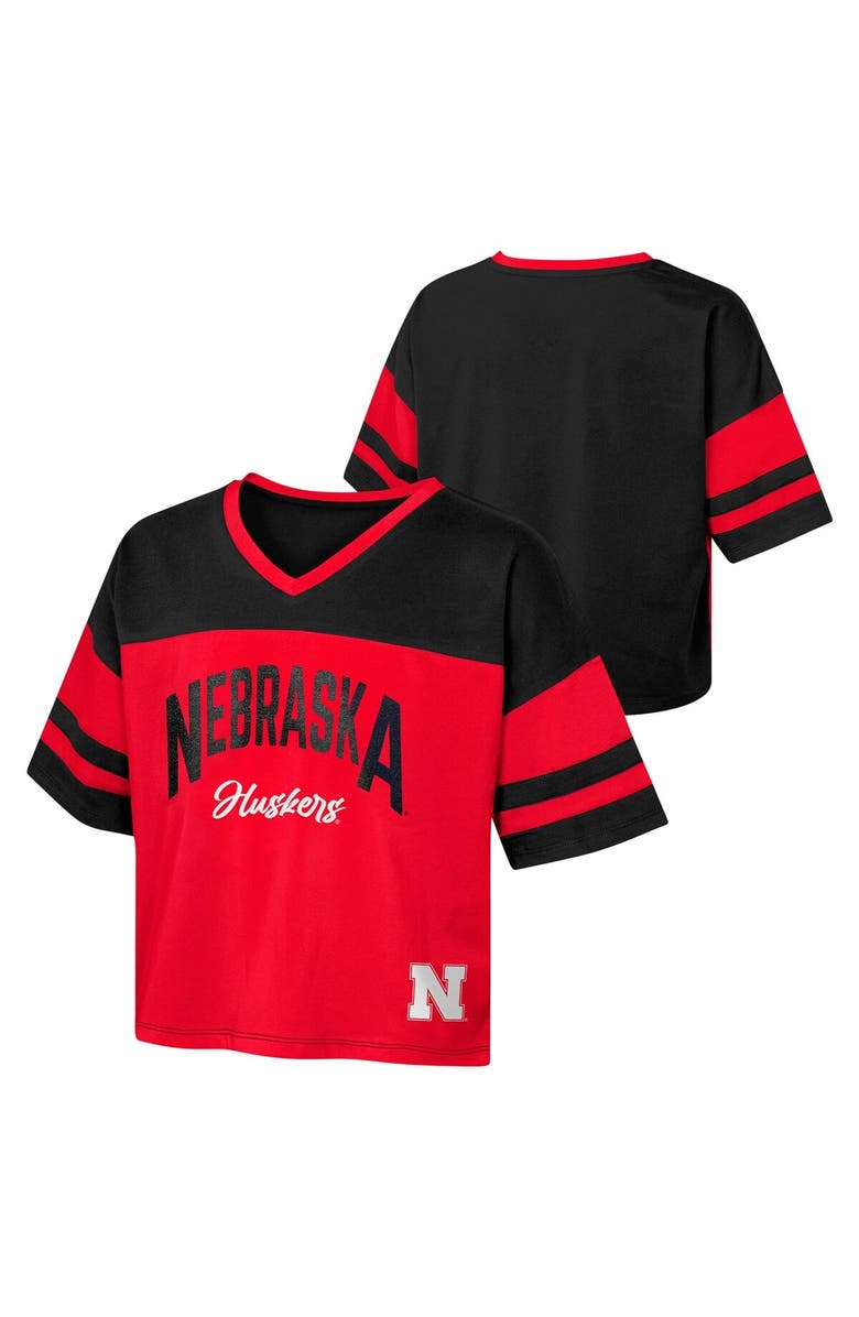 Outerstuff Girls Youth Scarlet Nebraska Huskers The Playmaker Sleeve Stripe V-Neck Jersey T-Shirt, Alternate, color, 
