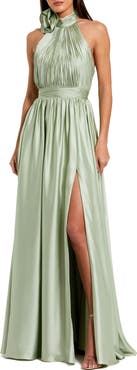 Mac Duggal Soft Tie Halter Neck High Slit Gown
