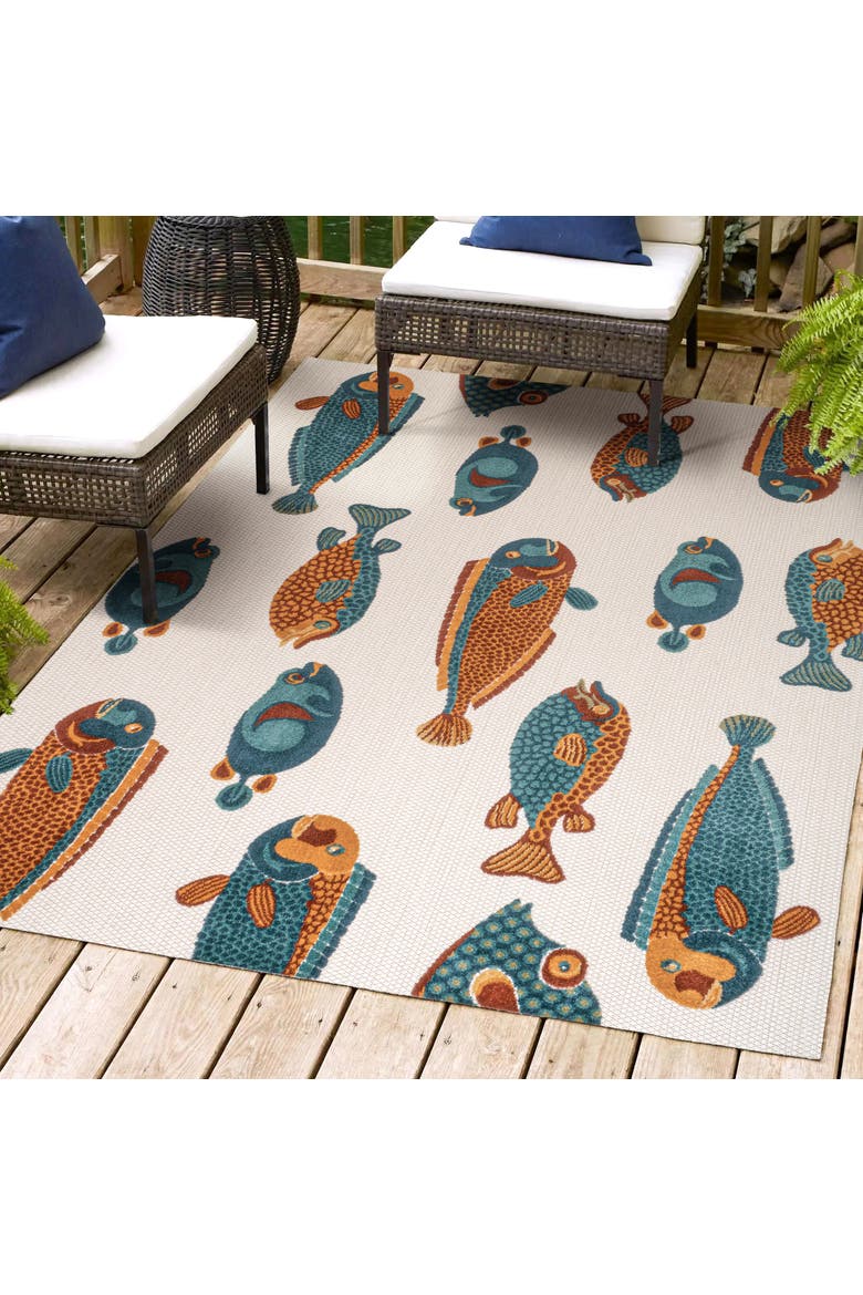 Algarve Modern Fish High-Low Indoor/Outdoor Area Rug, Alternate, color, Navy/Orange/Cream