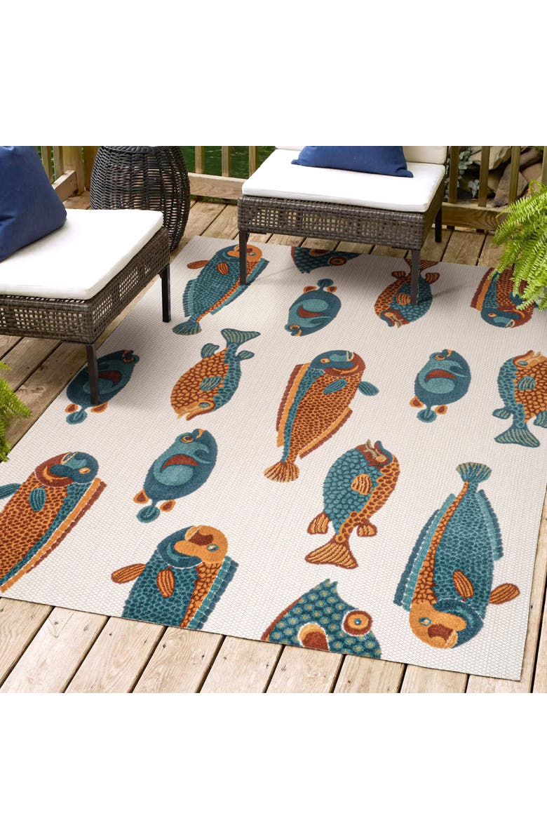 JONATHAN Y Algarve Modern Fish High-Low Indoor/Outdoor Area Rug, Alternate, color, Navy/Orange/Cream