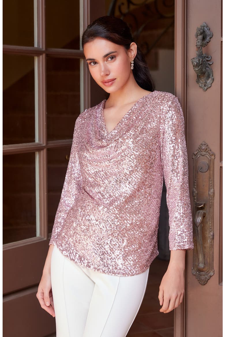Sequin Drape Neck Top, Alternate, color, PINK