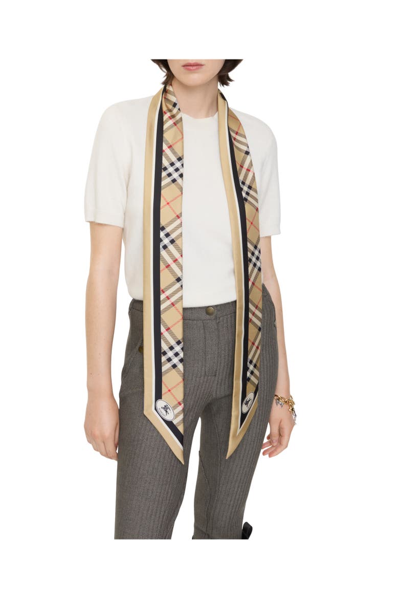 Skinny Check Silk Scarf, Alternate, color, Sand beige