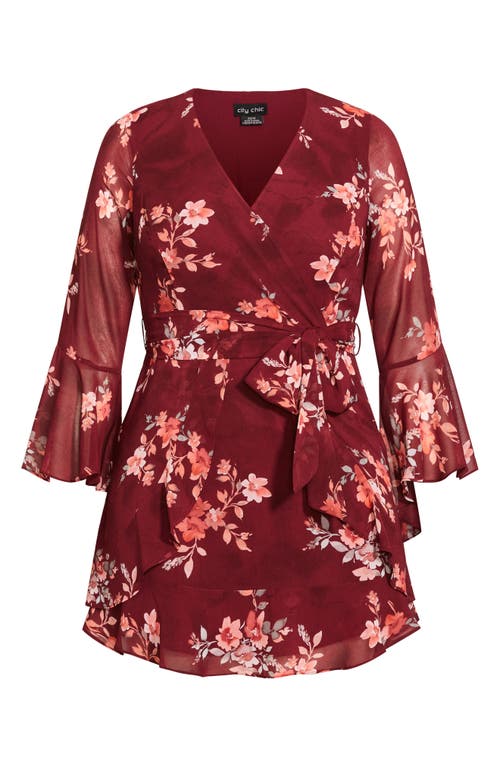 City Chic Tallulah Floral Long Sleeve Faux Wrap Dress In Port Ditsy ...