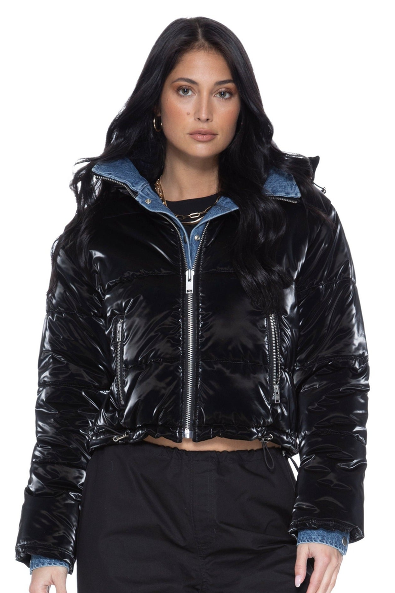In The Mix Denim Shiny Puffer Jacket, Main, color, Black / Denim