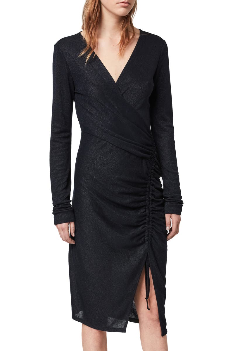 AllSaints Rina Glitz Drawstring Long Sleeve Wrap Dress, Alternate, color, 