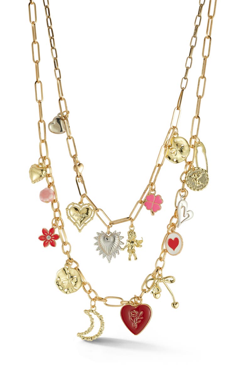 Heart Charm Multi Strand Necklace Set, Main, color, GOLD